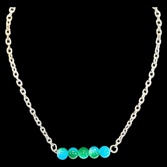 Handmade Blue &‎ Green Glass Ball Bar Charm Silver Tone Chain Necklace 16-19" - Picture 2 of 7